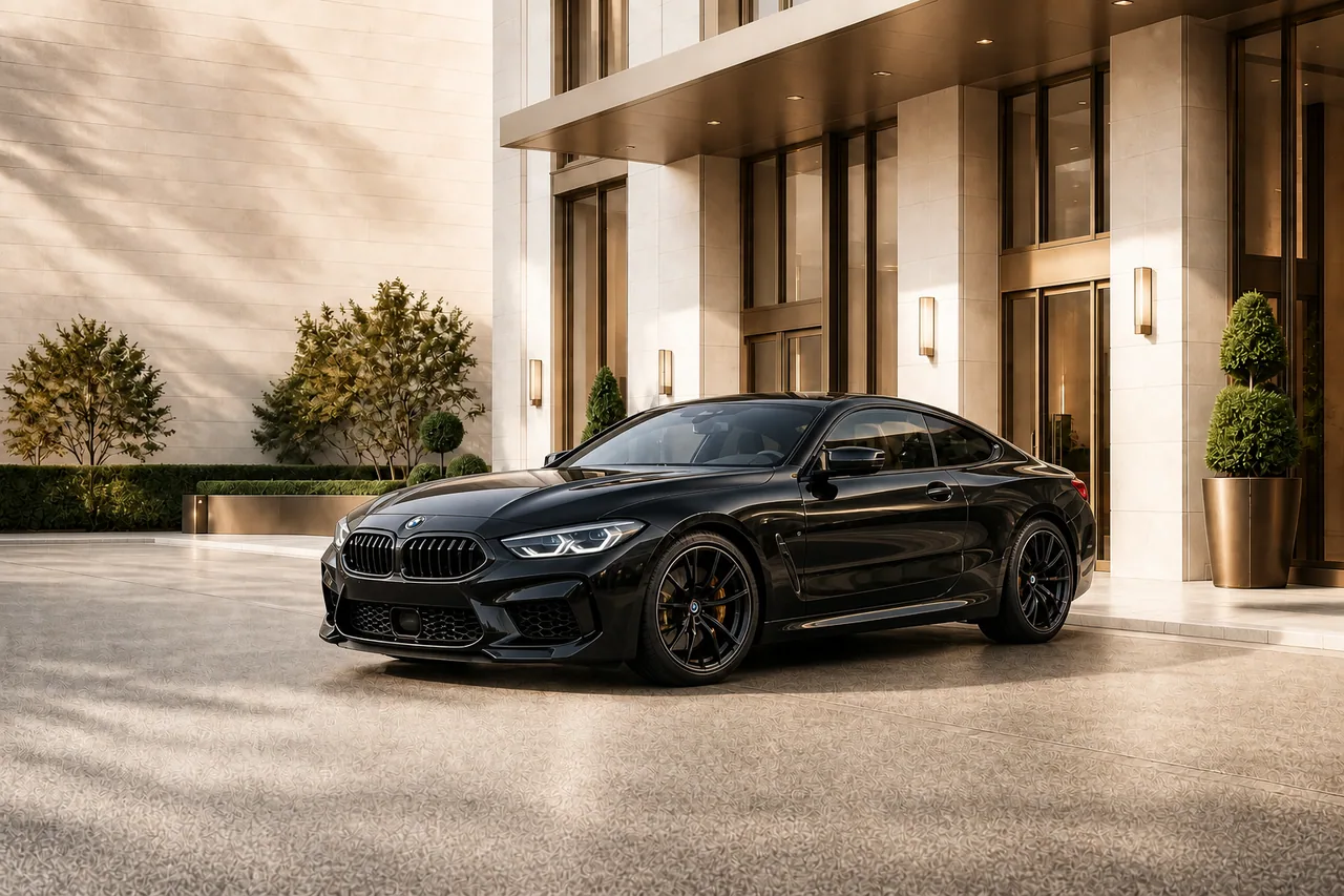 Чёрный BMW M8 у премиального отеля