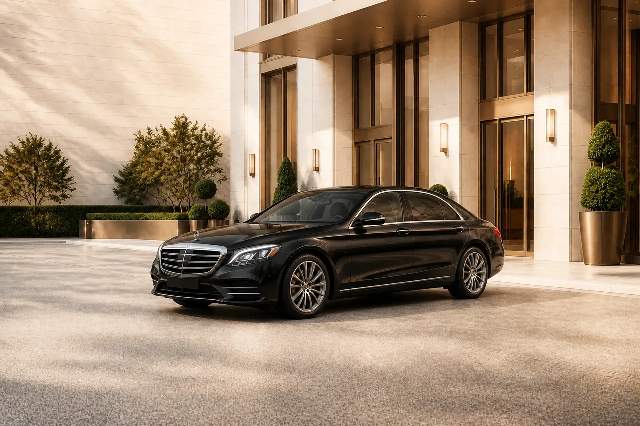 Чёрный Mercedes-Benz S-class W223 Long у премиального отеля